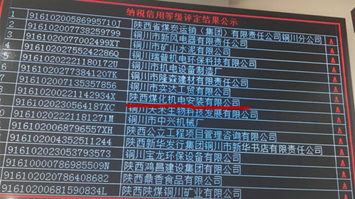 陜煤建設機電安裝公司：榮獲2018年納稅信用“A”級企業(yè)