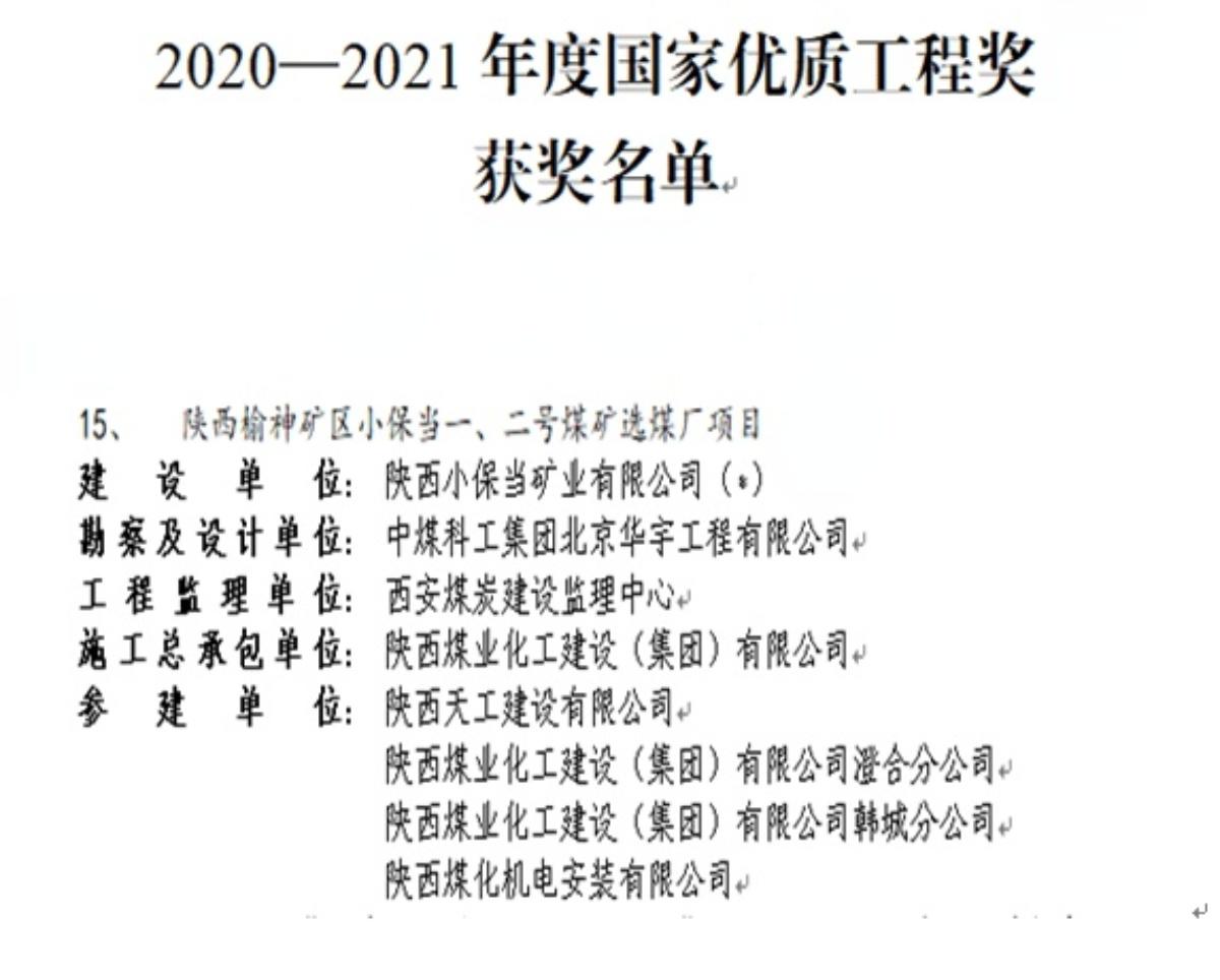 喜訊！陜煤建設一項工程斬獲國家優(yōu)質(zhì)工程獎